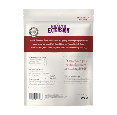 Health Extension Bison & Fish Dehydrated Jerky slices close-up emphasizes protein-rich bites.