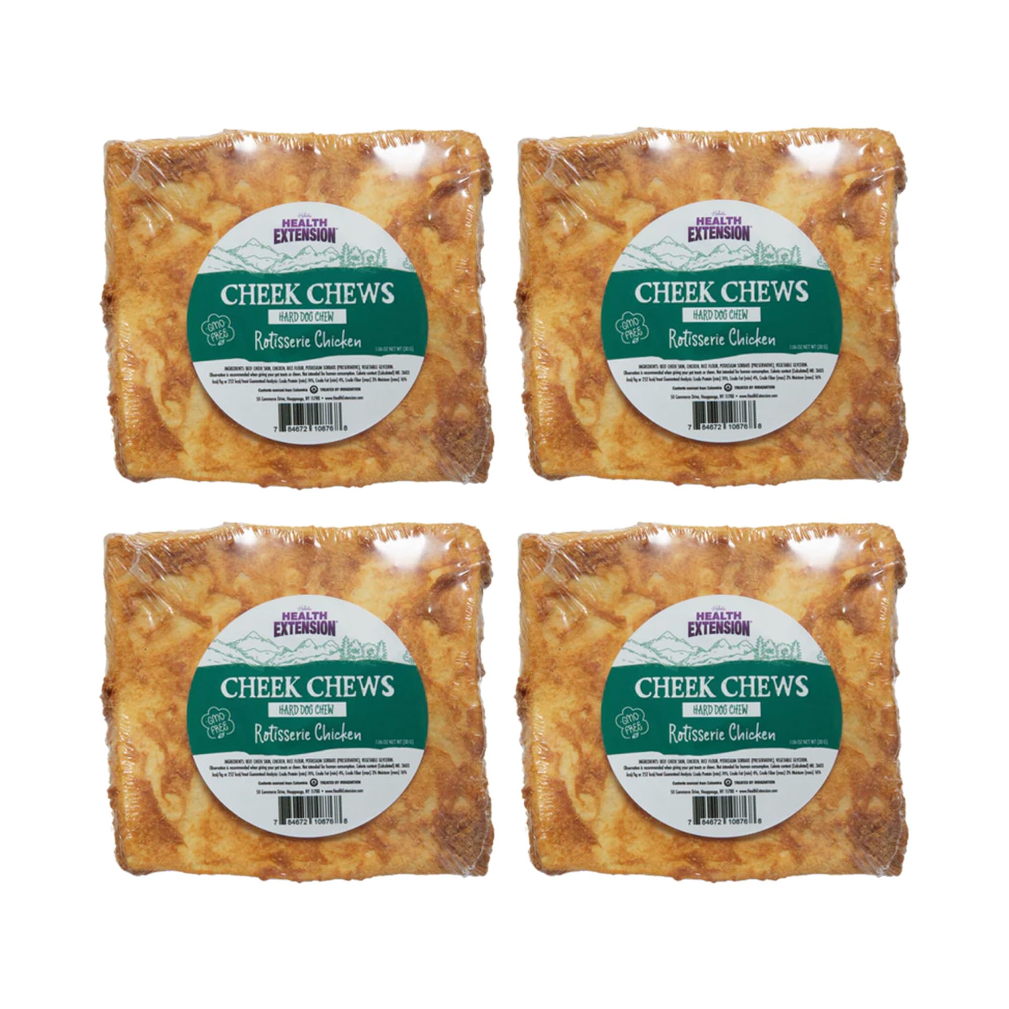 Health Extension Cheek Chews packaging reveals non-GMO chicken treats in a convenient 4-pack.