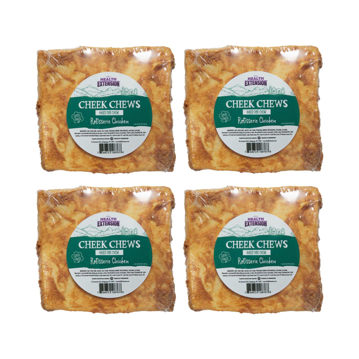 Health Extension Cheek Chews packaging reveals non-GMO chicken treats in a convenient 4-pack.