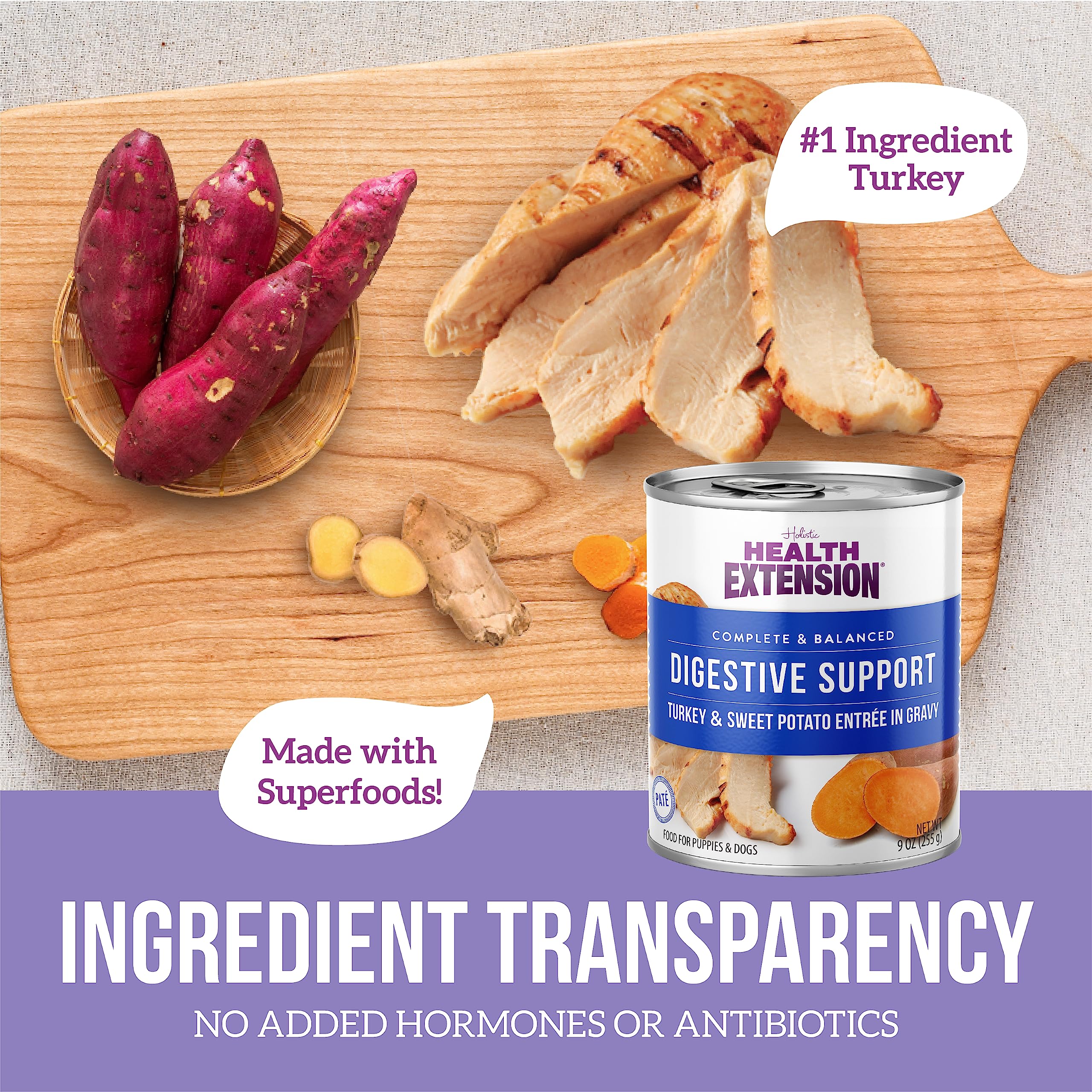 Health Extension Digestive Variety Pack scene with dog enjoying meal