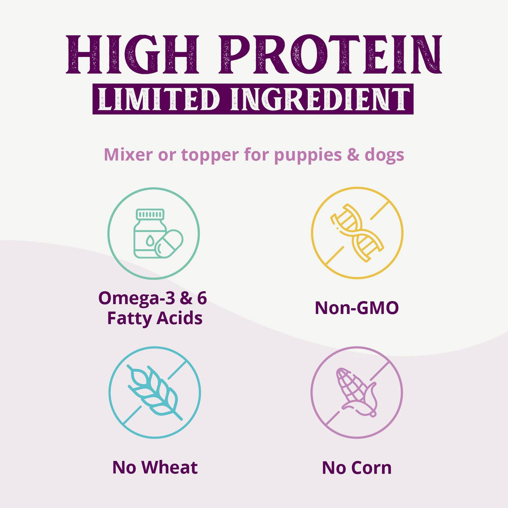 Health Extension dog kibble mixer image demonstrates easy topping to boost flavor.