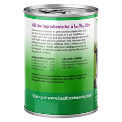 Health Extension Duck Entrée cans open lid shows pate texture for easy digestion.