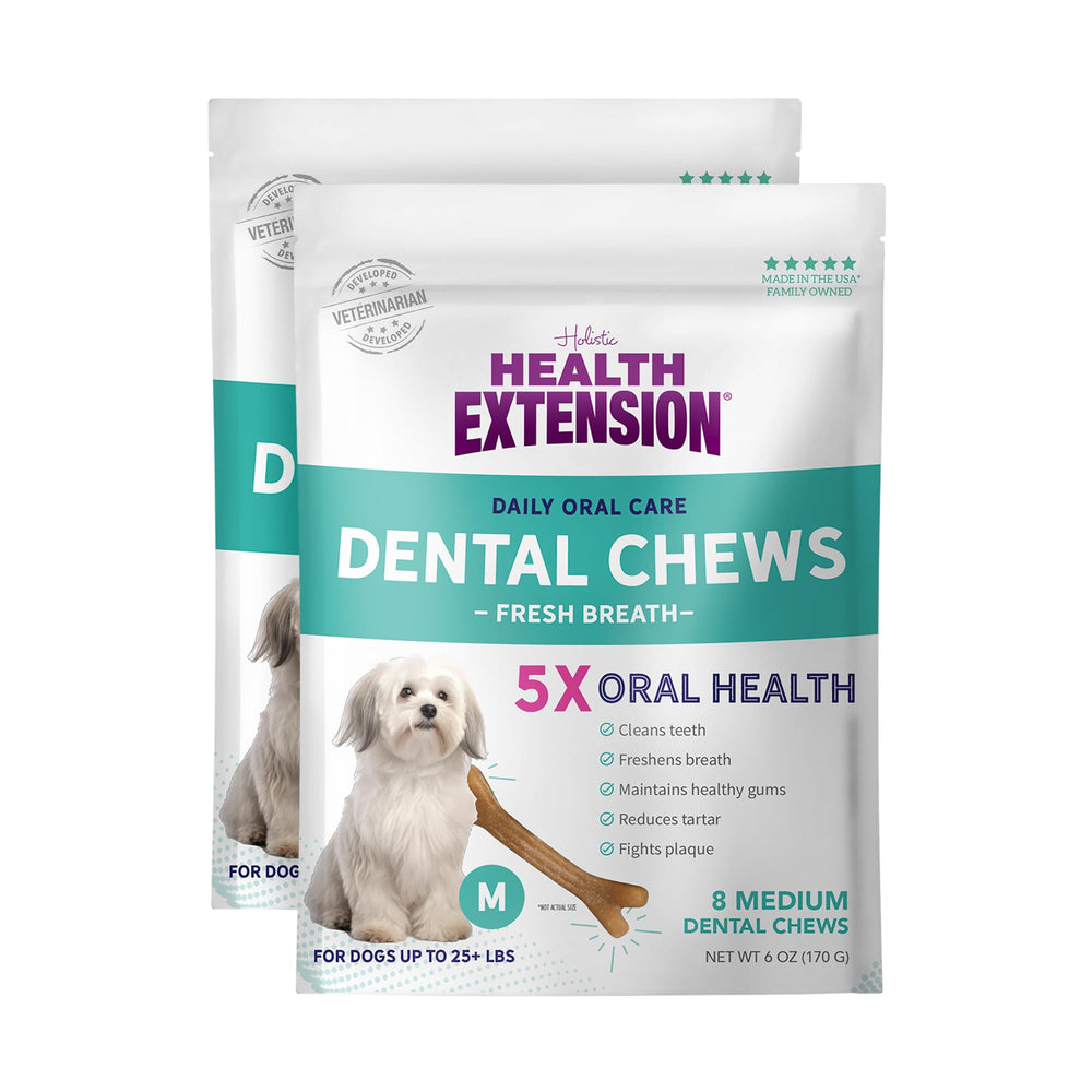 Health Extension Fresh Breath Dental Bones pack2 bone closeup shows ridged texture for effective chewing and fresh breath.