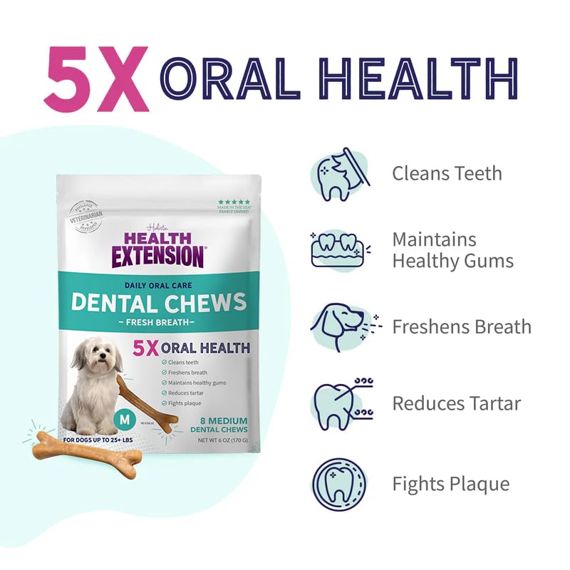Health Extension Fresh Breath Dental Bones pack2 dog-chewing close-up demonstrates long-lasting chew for dental-friendly play.