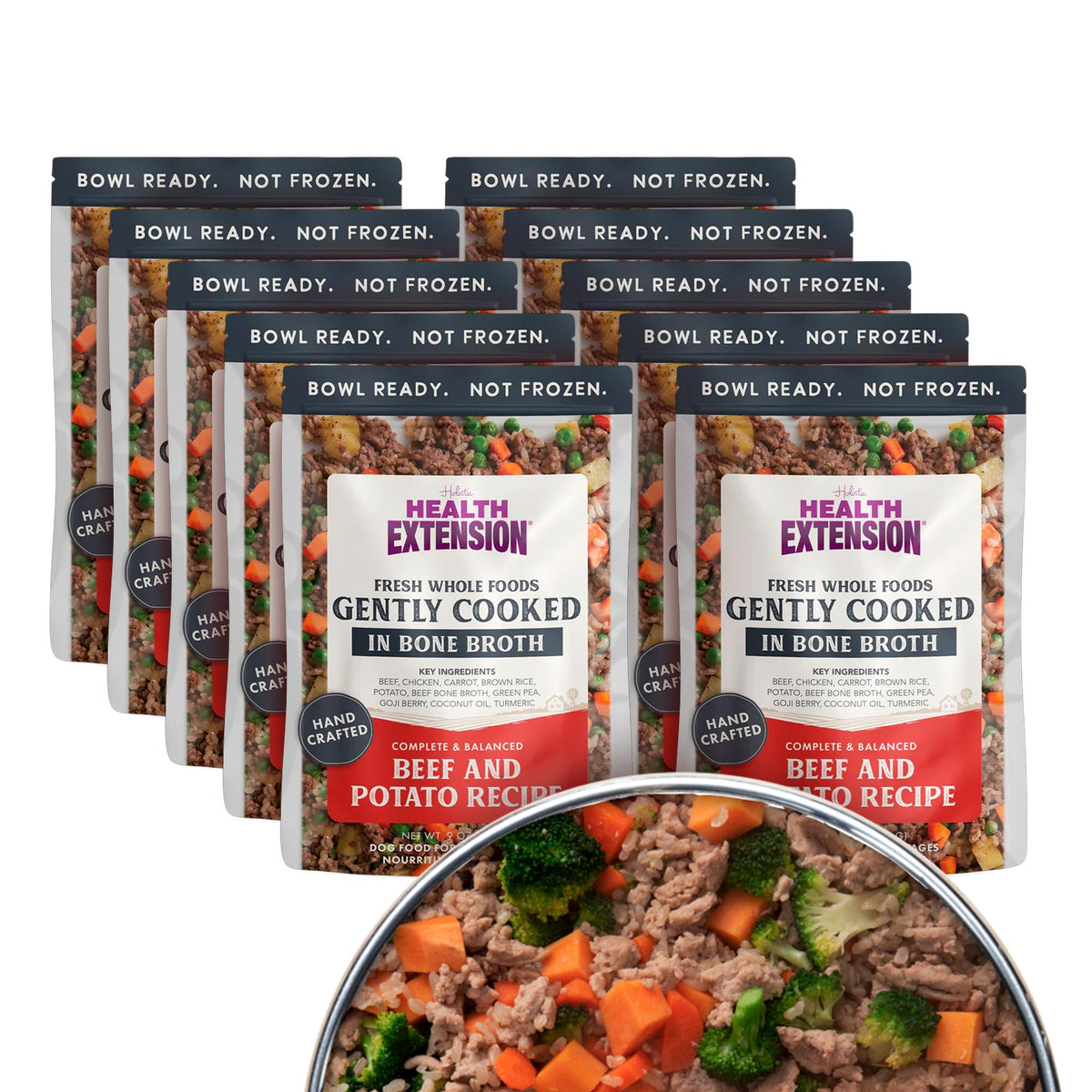 Health Extension gently cooked beef-potato dog food packaging demonstrates shelf-stable convenience for busy owners.