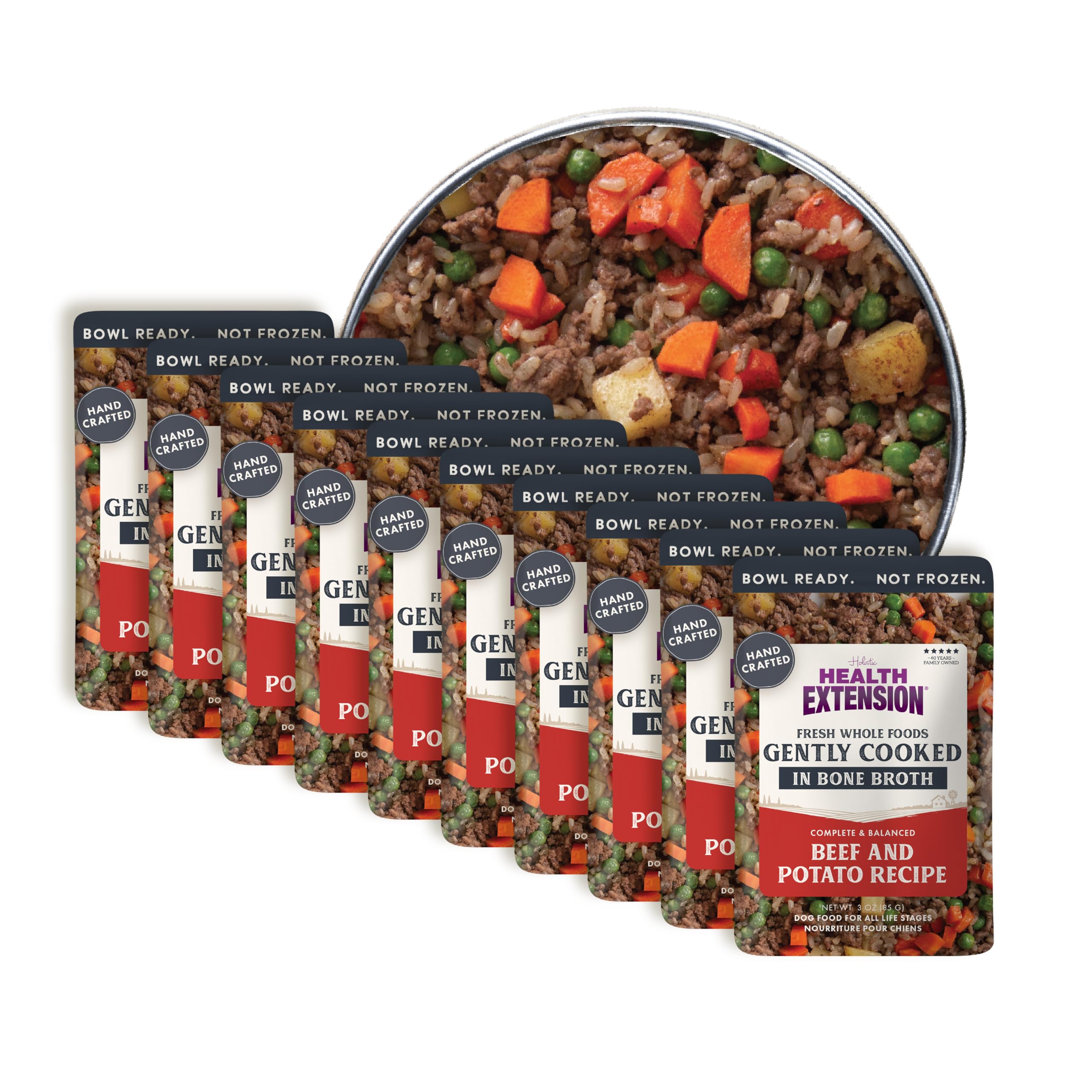 Health Extension Gently Cooked beef and potato dog food packaging highlights shelf-stable convenience.