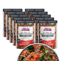 Health Extension gently cooked beef-potato dog food packaging demonstrates shelf-stable convenience for busy owners.