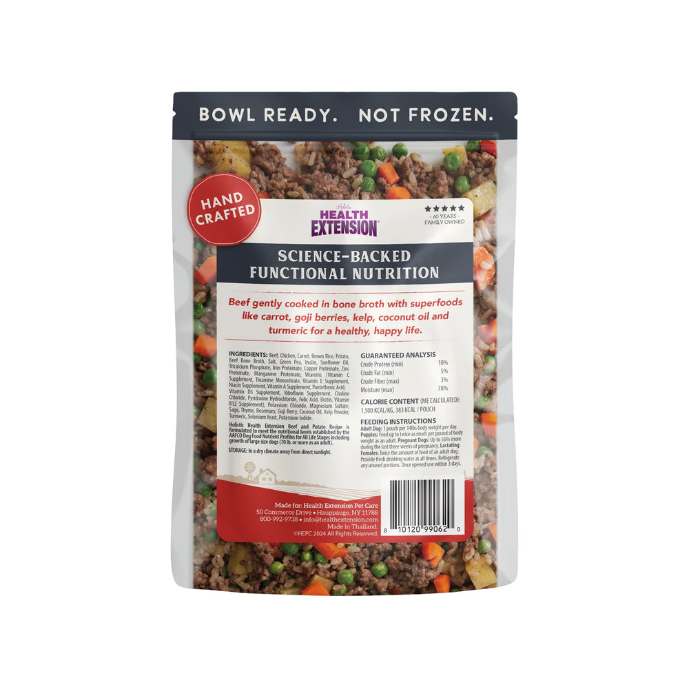 Health Extension gently cooked beef-potato dog food serving bowl highlights home-style taste for dogs.