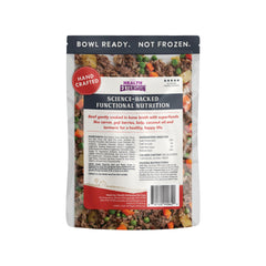 Health Extension gently cooked beef-potato dog food serving bowl highlights home-style taste for dogs.