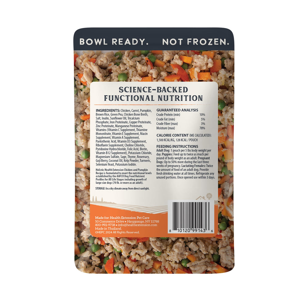 Health Extension Gently Cooked Chicken & Pumpkin pouch back-label shows ingredients and superfoods for vitality.