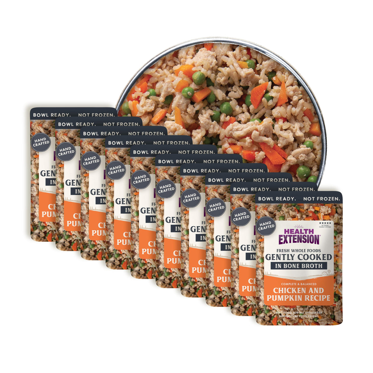 Health Extension Gently Cooked Chicken & Pumpkin dog food pouch open for quick, nourishing meals.