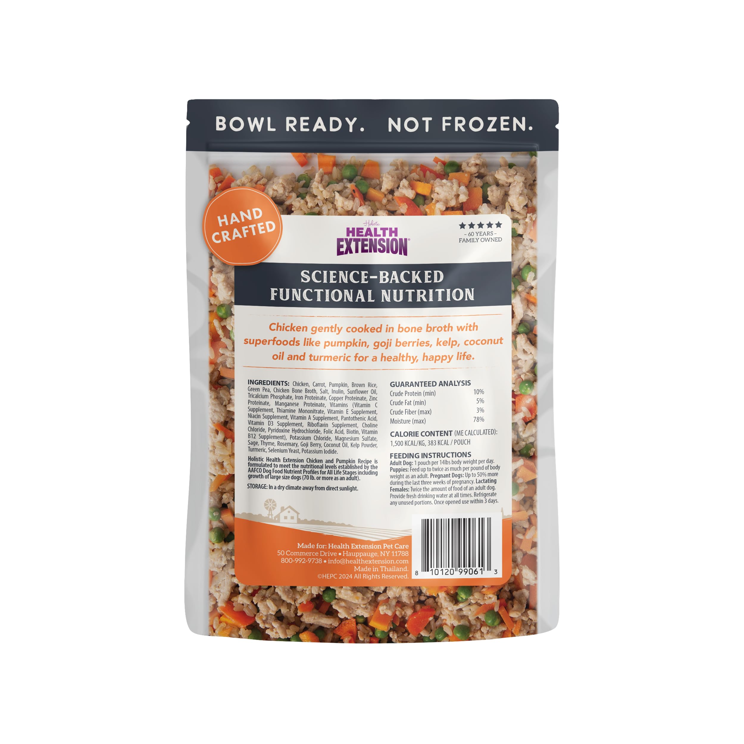 Health Extension Gently Cooked dog food pouch demonstrates convenient, shelf-stable feeding.
