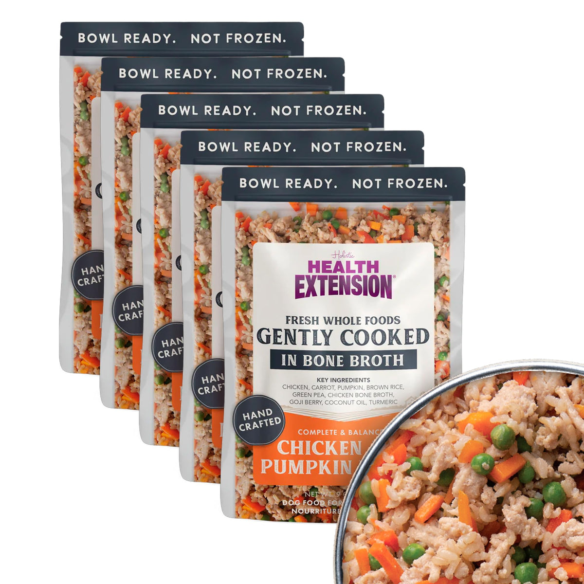 Health Extension gently cooked dog food pouch emphasizes shelf-stable convenience for busy owners.