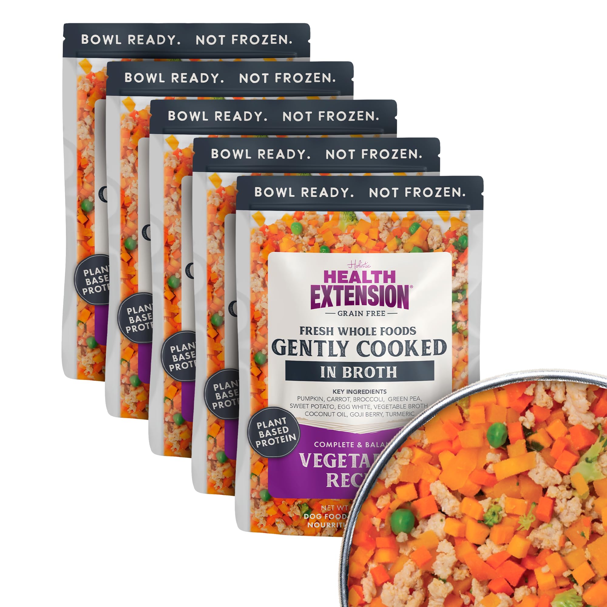 Health Extension Gently Cooked dog food packaging showing shelf-stable meals for convenient feeding.