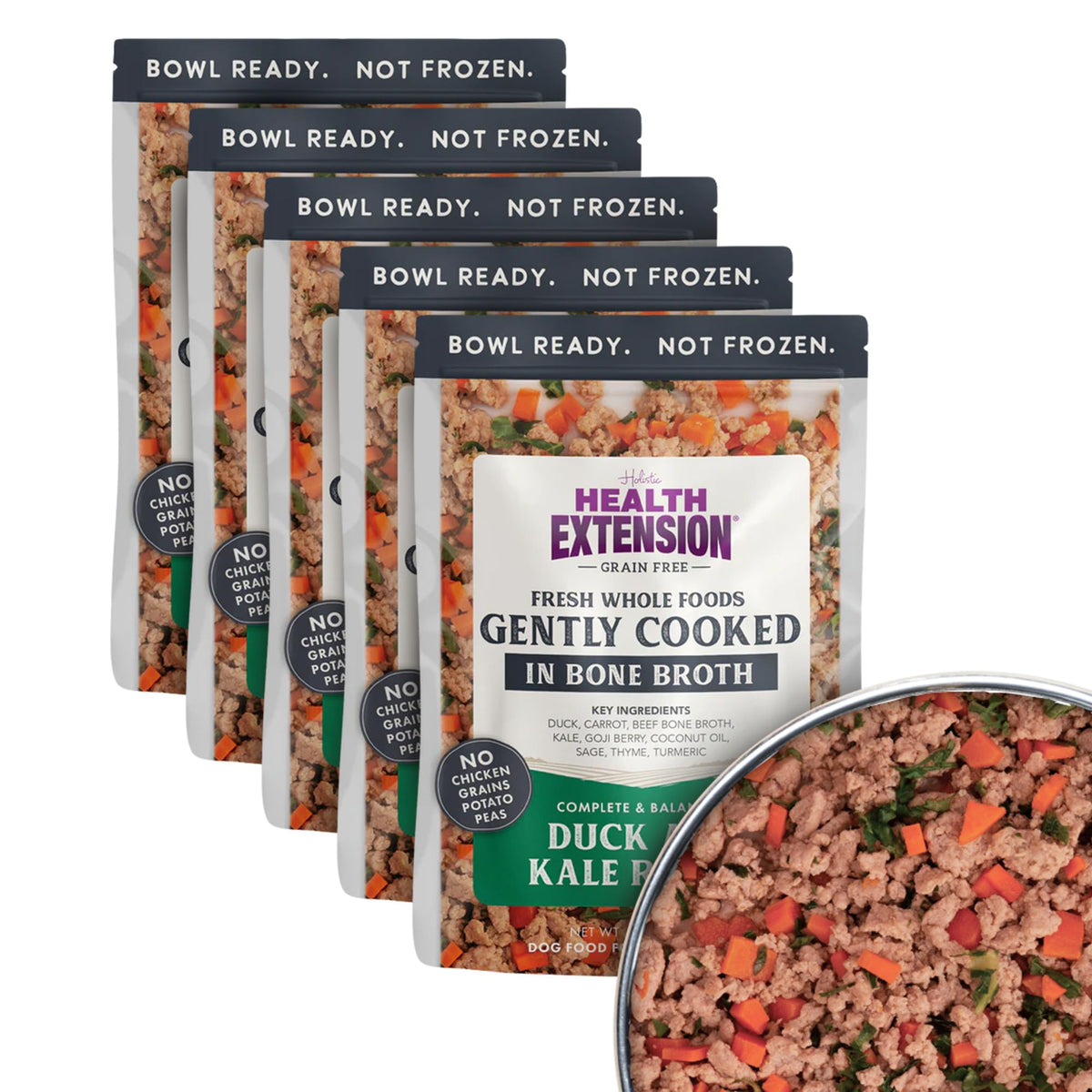 Health Extension Gently Cooked Duck & Kale dog food bowl ready-to-serve for picky eaters