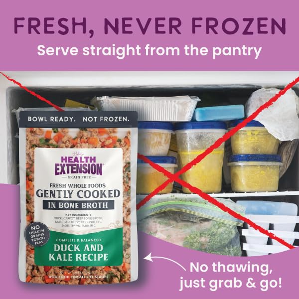 Health Extension duck and kale ingredients highlight limited-ingredient, whole-food recipe.