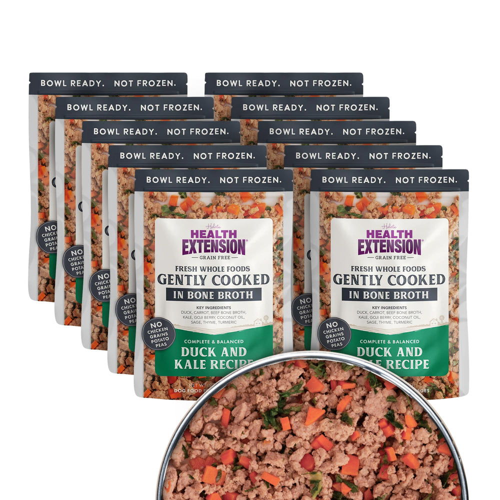 Health Extension gently cooked duck and kale dog food packaging on shelf for shelf-stable meals.
