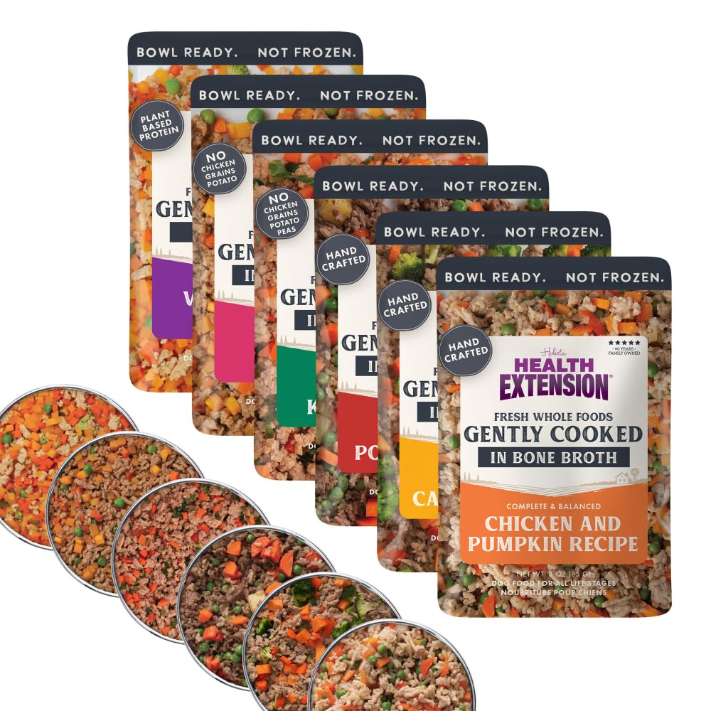 Health Extension gently cooked grain-free pouch bowl—easy bowl-ready meals for picky eaters.