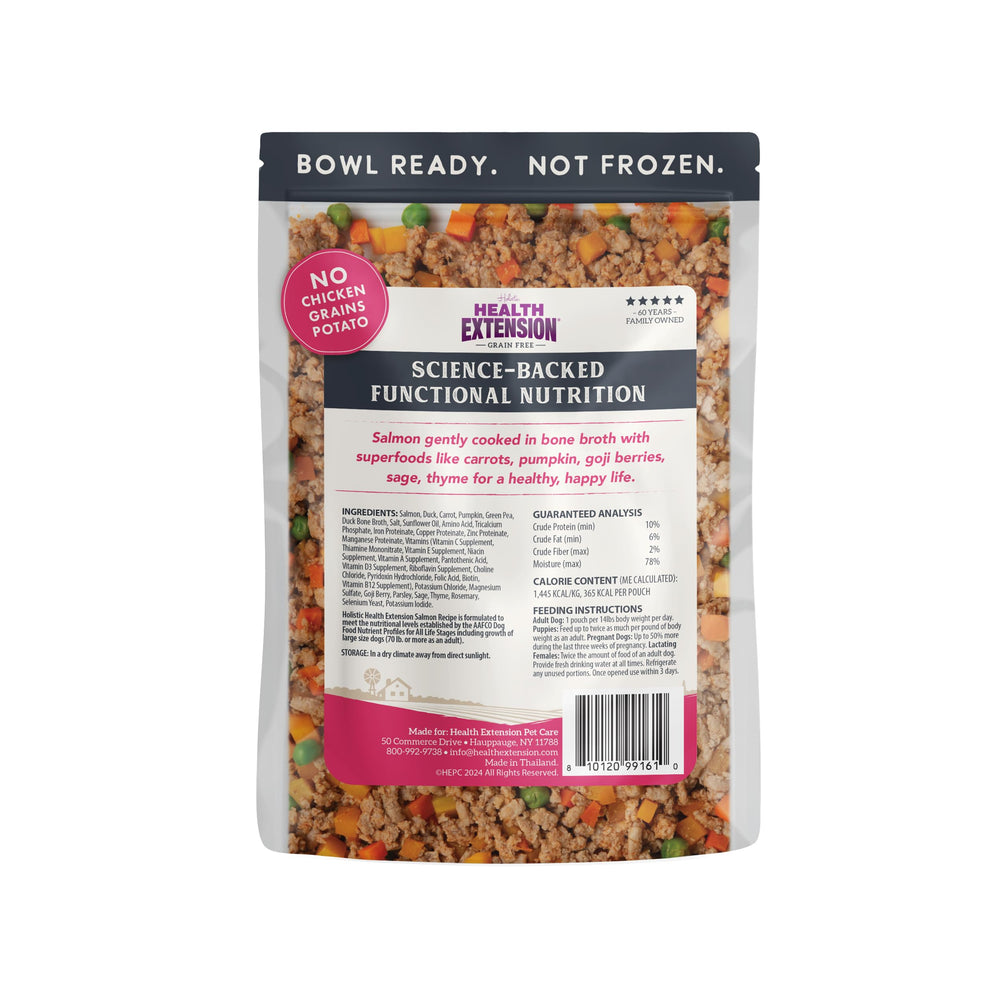Health Extension salmon dog food ingredients closeup, real carrots and broccoli for balanced nutrition