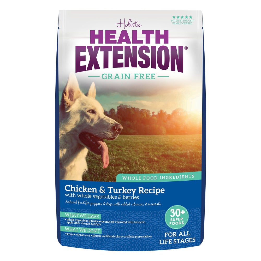 Health Extension grain-free chicken-turkey dry dog food bag front shows grain-free nutrition for all life stages.