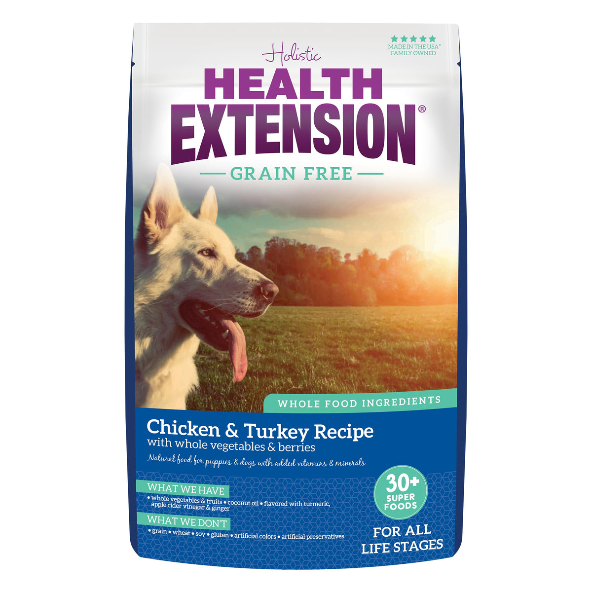 Health Extension grain-free chicken-turkey kibble closeup highlighting lean protein for muscles