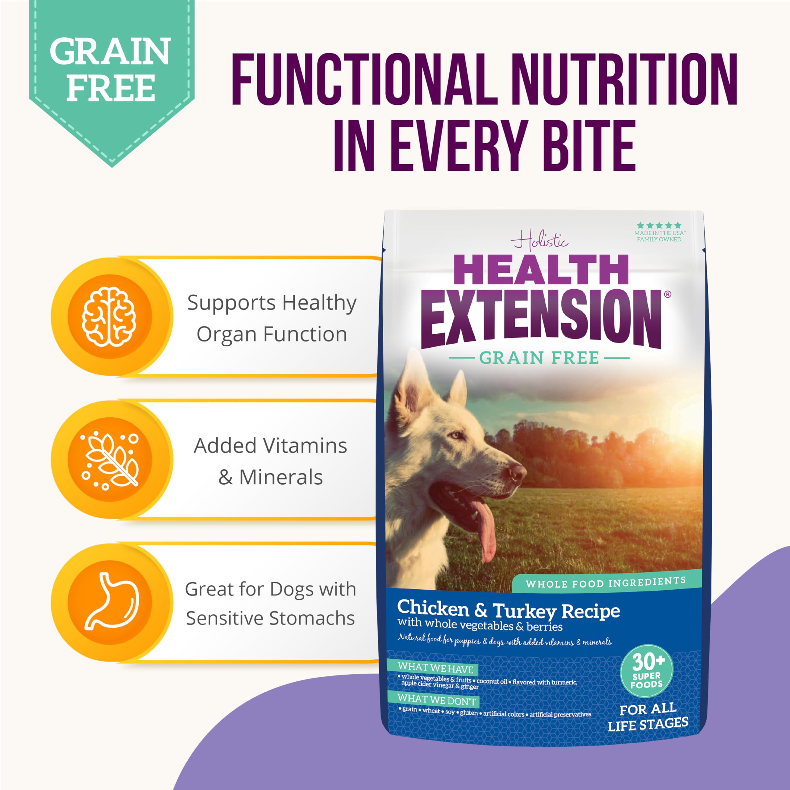 Health Extension probiotics illustration indicates gut balance support through daily feeding
