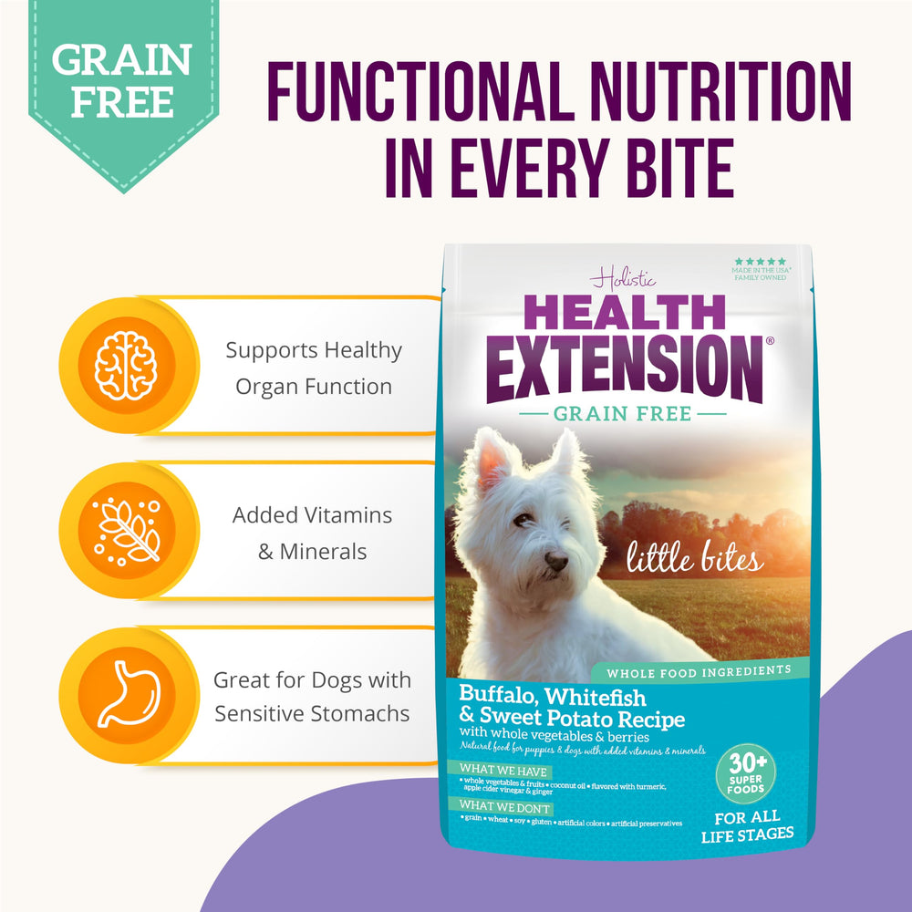 Health Extension vegetables and chickpeas shot illustrates balanced grain-free nutrition for tiny breeds.