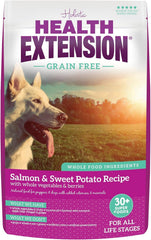 Health Extension grain-free salmon kibble bowl shows lean protein for muscles and sustained energy.