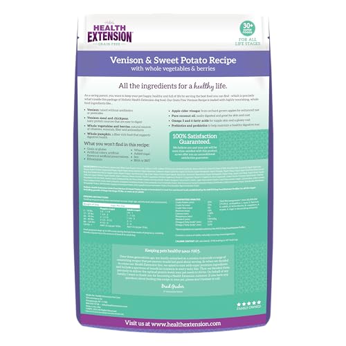 Health Extension grain-free venison kibble in bowl illustrating energy-rich, easy-to-digest nutrition for all life stages
