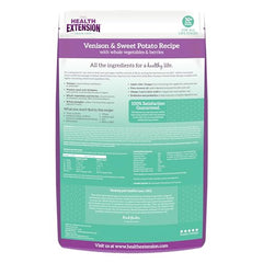 Health Extension grain-free venison kibble close-up highlights lean protein for muscles