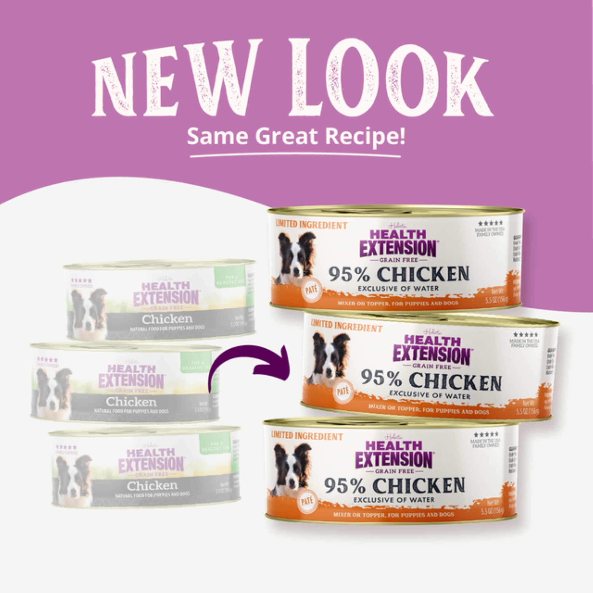 Health Extension grain-free wet dog food close-up shows chunky chicken pieces in natural broth.