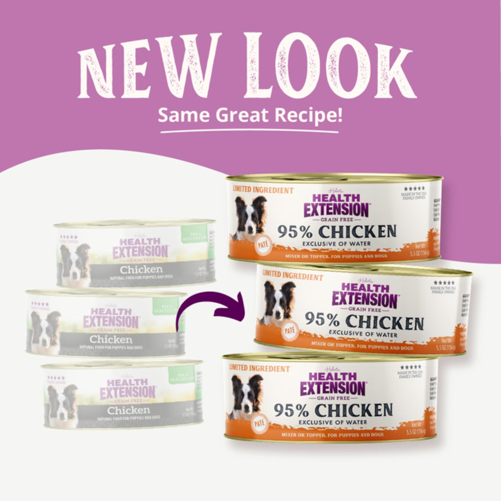 Health Extension grain-free wet dog food close-up shows chunky chicken pieces in natural broth.