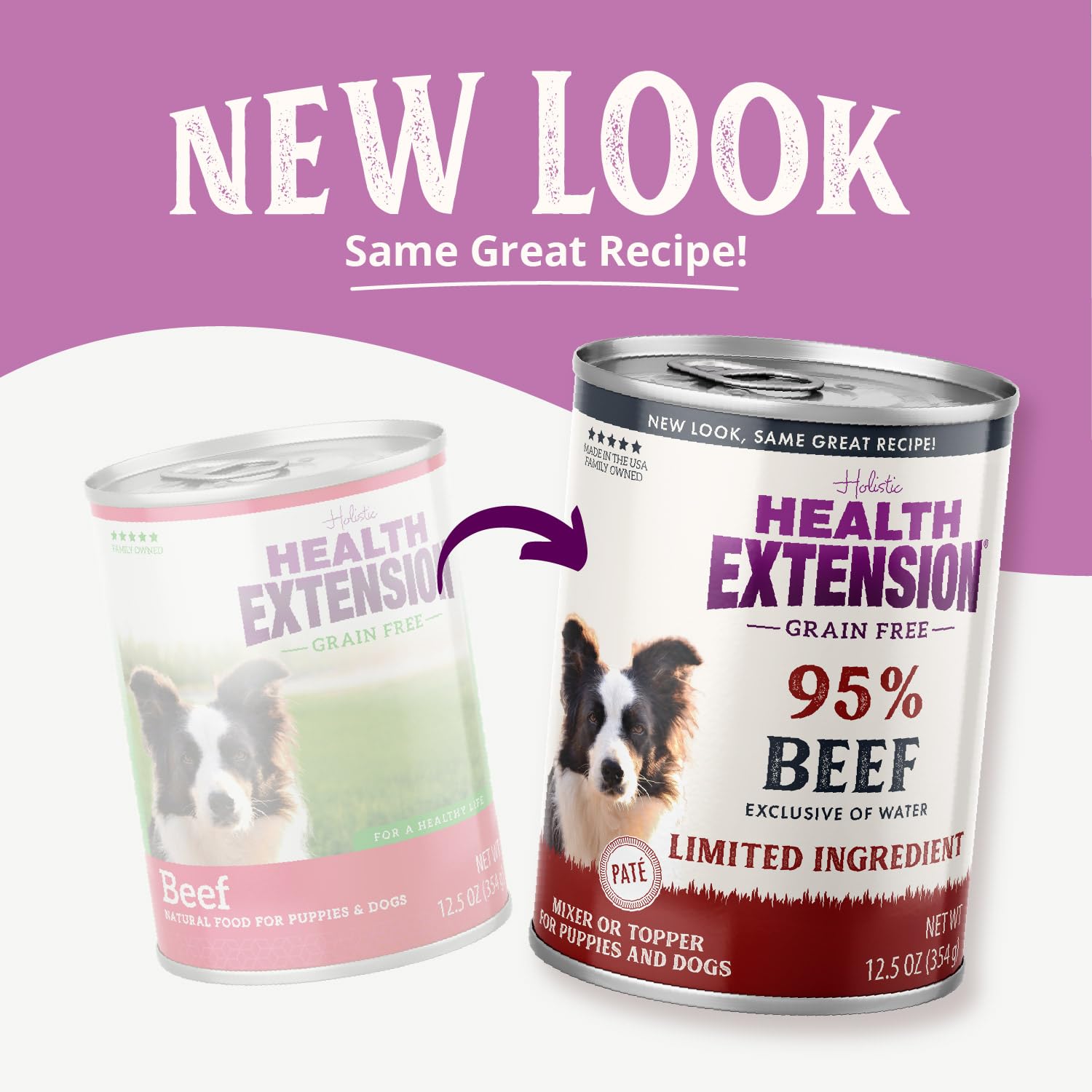 Health Extension grain-free ingredients closeup showcases seven-ingredient formula for easy digestion.