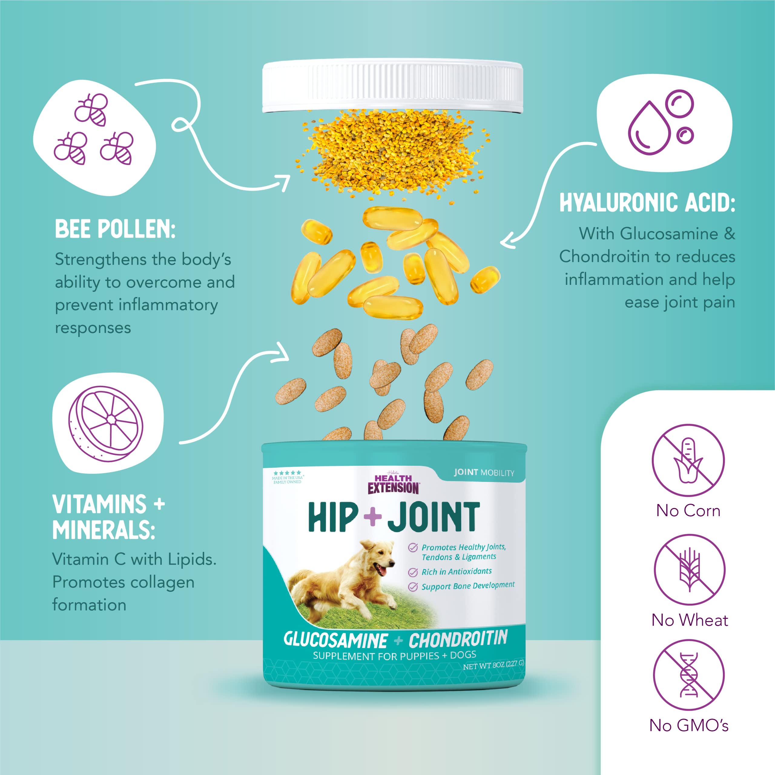Health Extension label close-up communicates product purpose and cheese flavor.