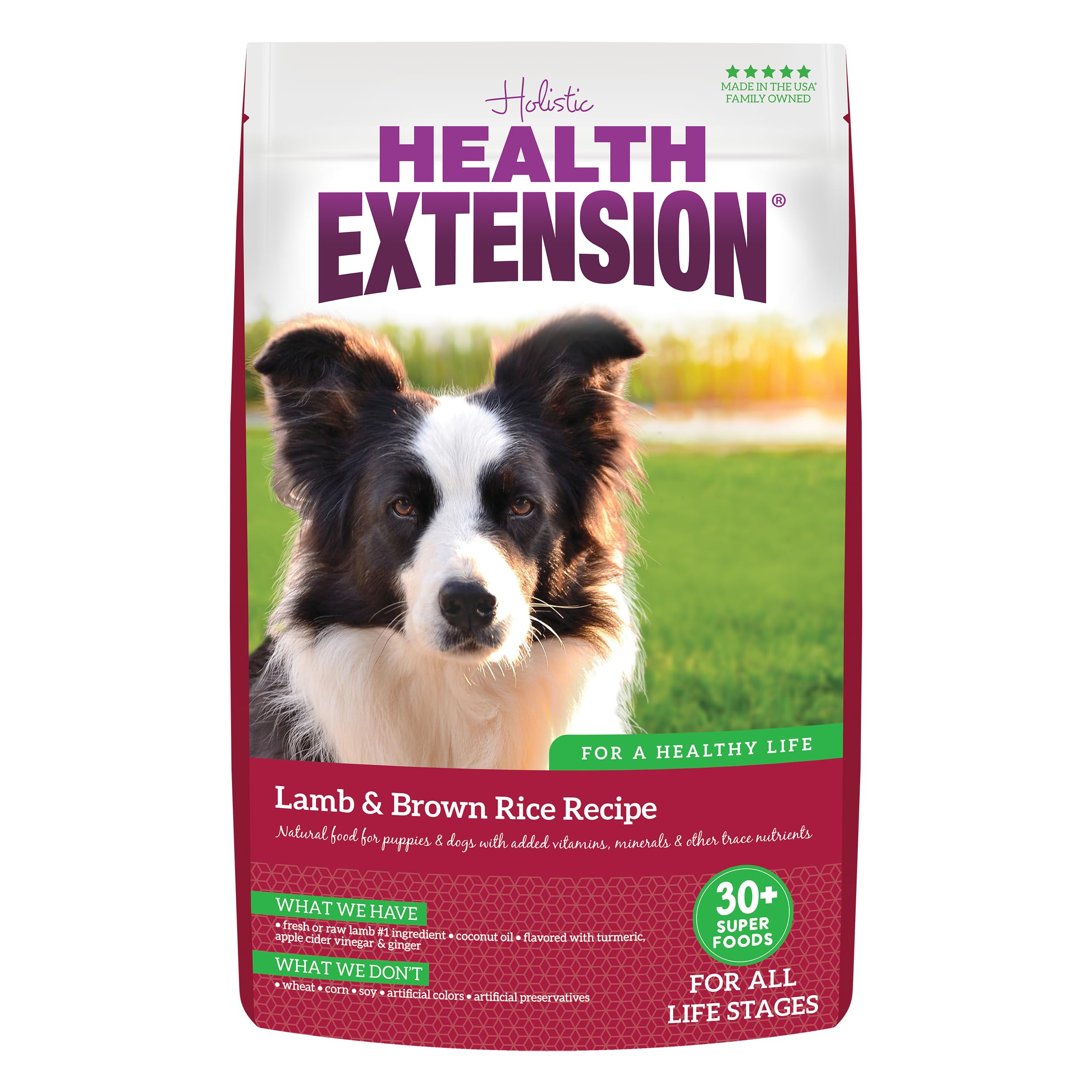 Health Extension Lamb & Brown Rice dry dog food pack on shelf, protein-packed option.