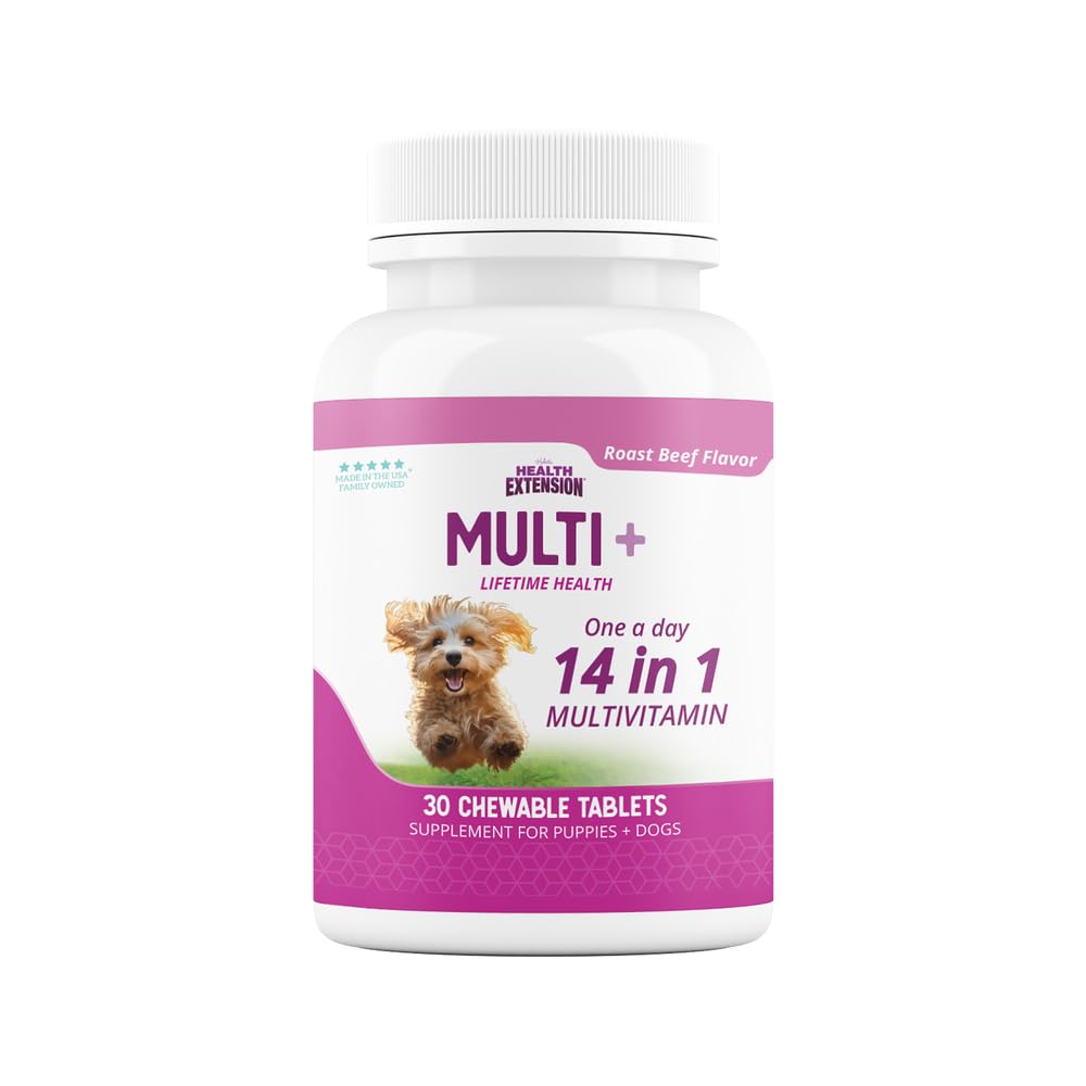 Health Extension Lifetime Multivitamin packaging for dogs highlights convenient daily supplements.