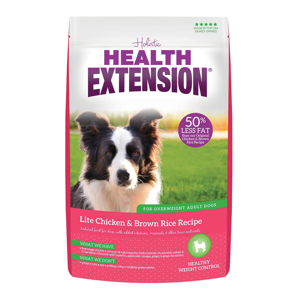 Health Extension Lite chicken-brown-rice dry dog food bag highlights weight-management potential.