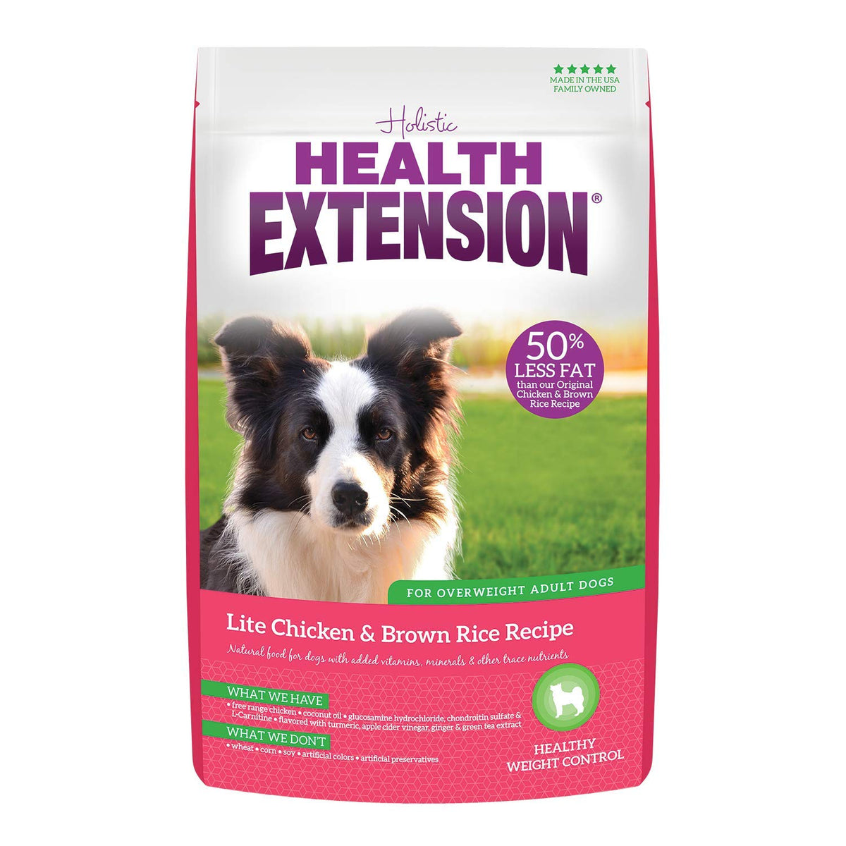 Health Extension Lite chicken-brown-rice dry dog food bag highlights weight-management potential.