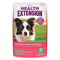 Health Extension Lite dog food bag highlighting lean chicken and brown rice for digestible nutrition.
