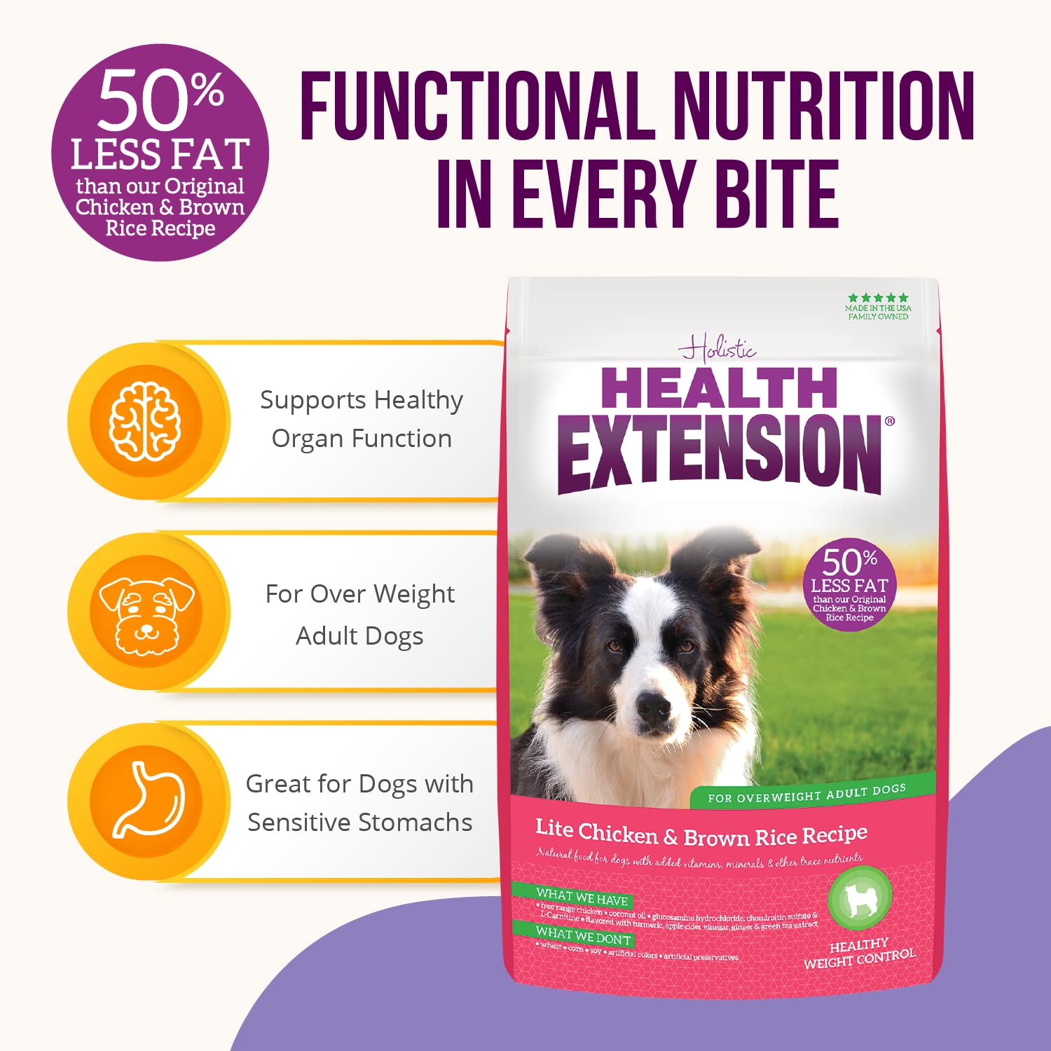 Health Extension Lite dry dog food in bowl demonstrates easy feeding for balanced meals.