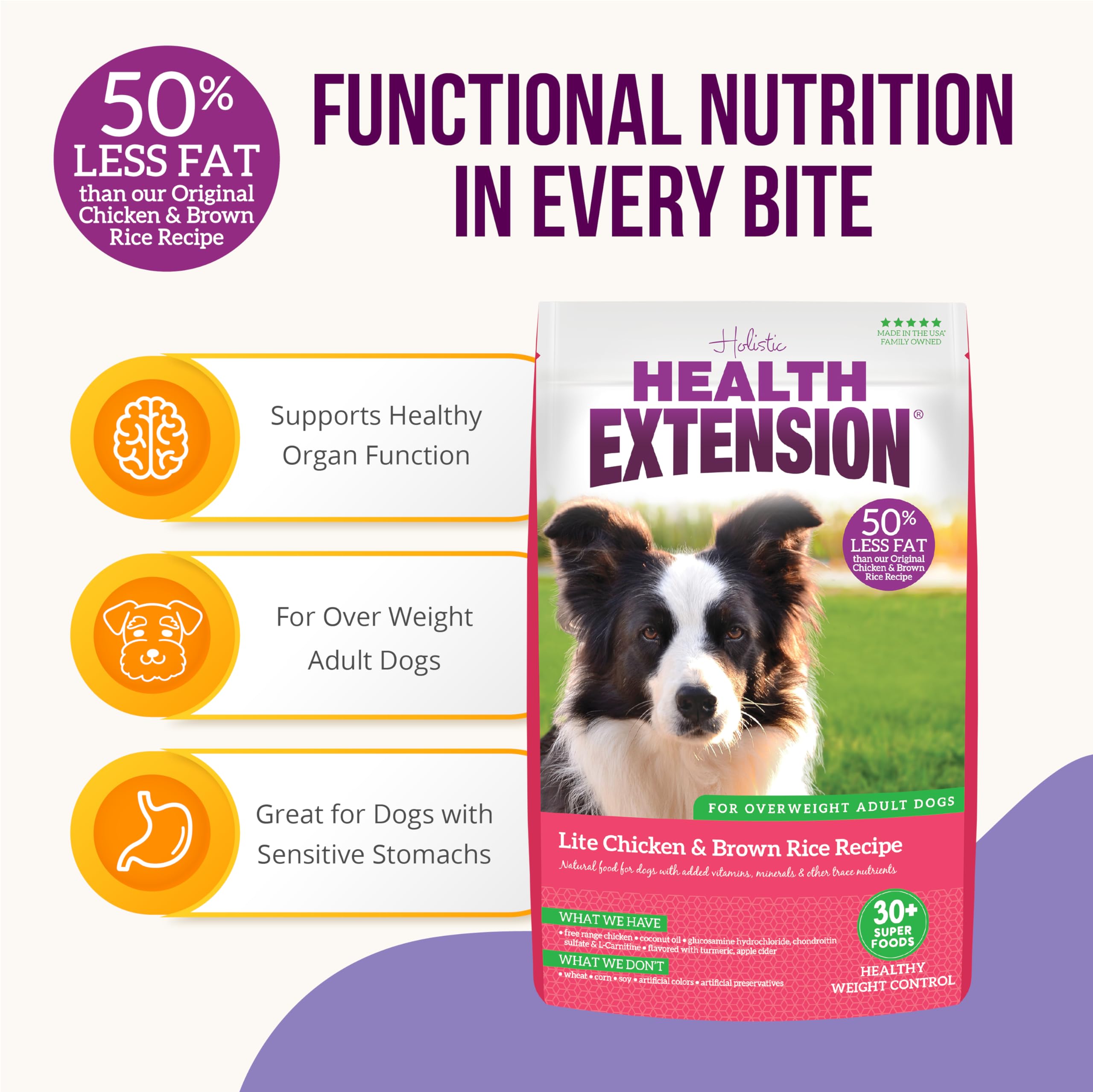Health Extension Lite probiotics illustration suggesting digestive support for daily meals.