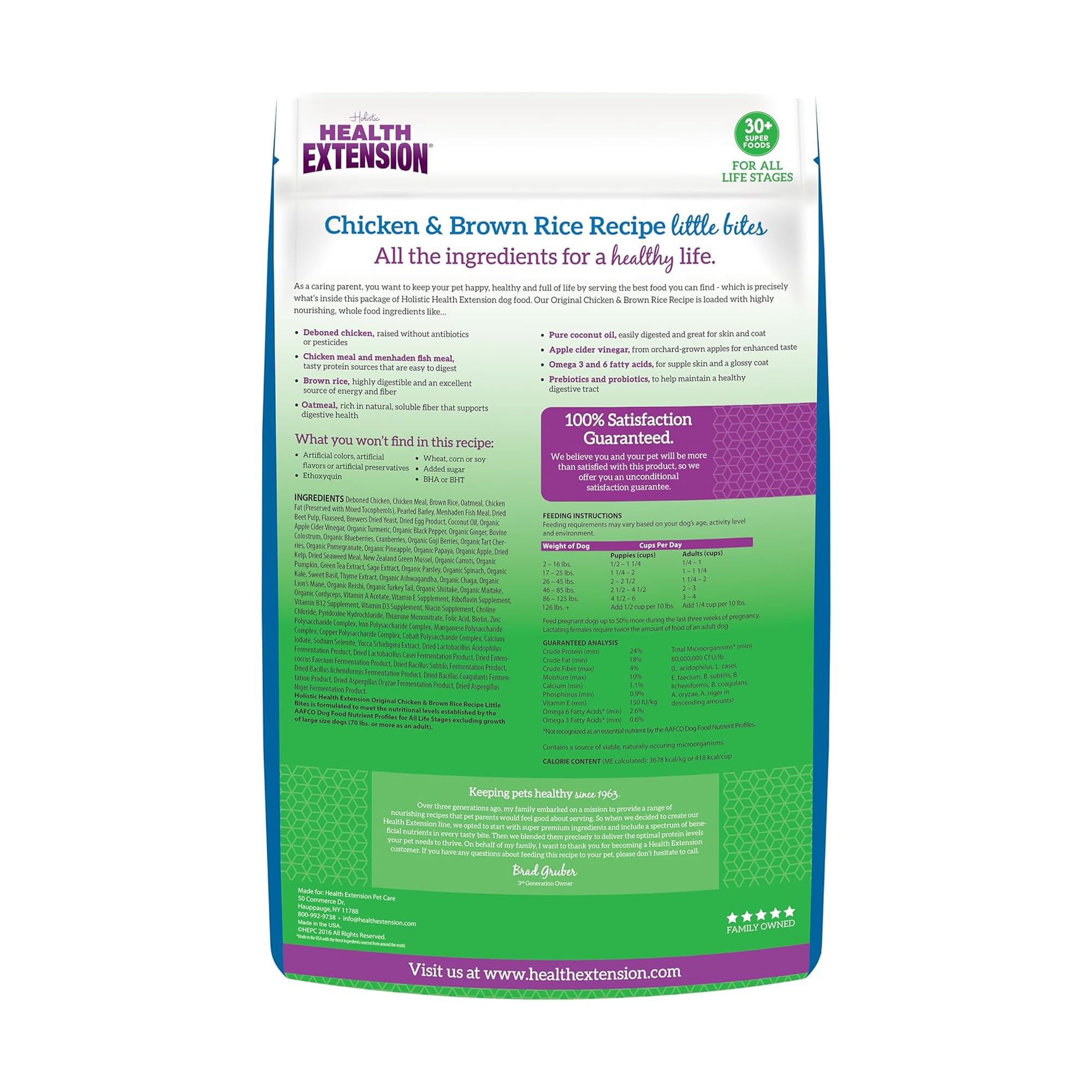 Health Extension Little Bites bag back lists ingredients and feeding guidelines.