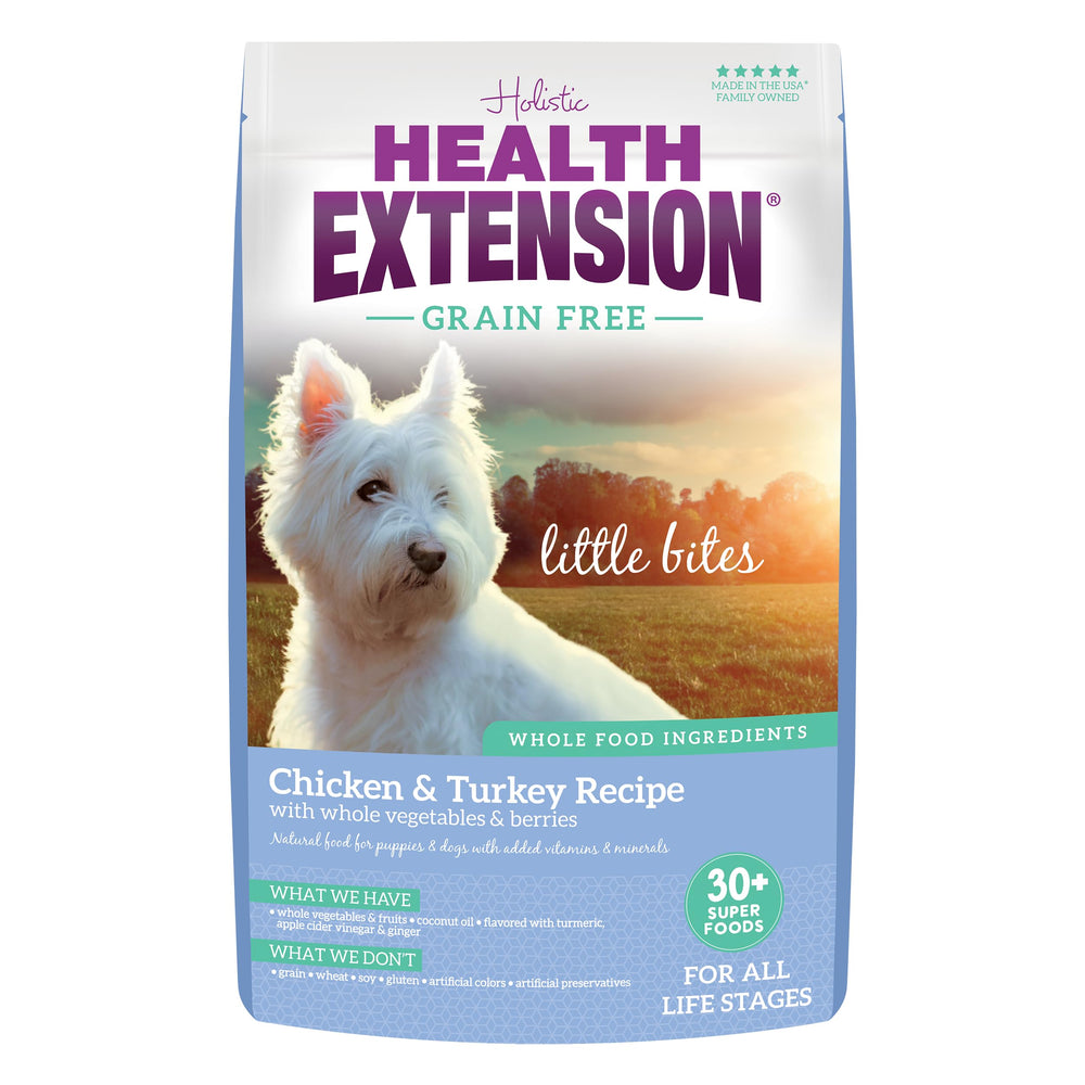 Health Extension Little Bites bag front showing small-breed nutrition for teacups