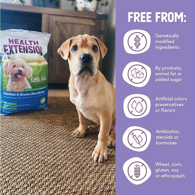 Health Extension Little Bites chicken protein visual emphasizes deboned chicken for lean muscles.