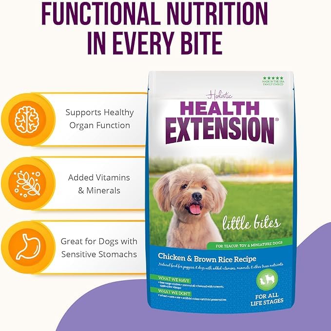 Health Extension Little Bites kibble closeup shows tiny bites for small breeds.