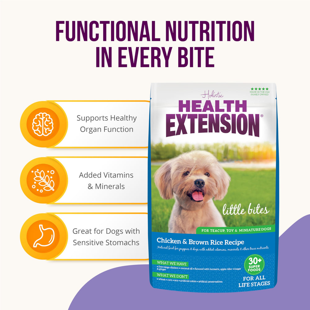Health Extension Little Bites puppy-friendly serving in a bowl for growing small dogs.