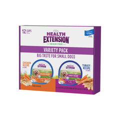 Health Extension Little Cups chicken serving closeup highlights real protein for easy digestibility.