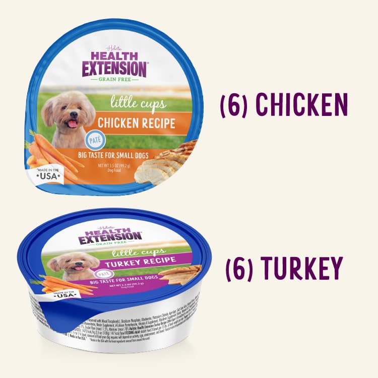 Health Extension Little Cups grain-free ingredients closeup showcases gentle digestion and nutritious protein base.