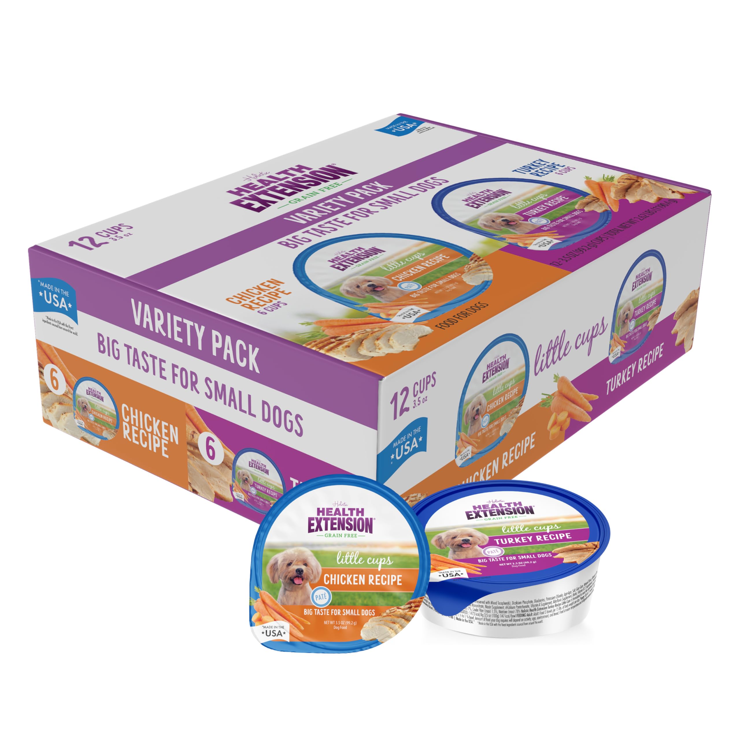 Health Extension Little Cups variety box packshot for small breeds, convenient feeding options.