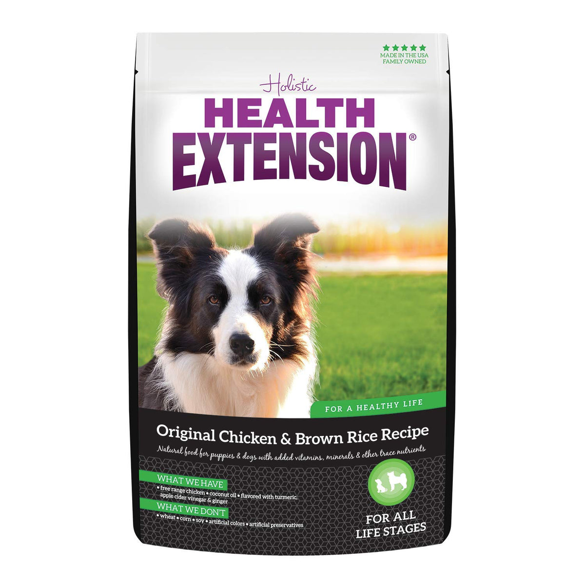 Health Extension Original Chicken & Brown Rice bag front shows premium protein nutrition for steady energy